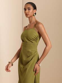Elafinee Women's Solid Color Pleated Design Elegant Maxi Slip Dress Vacation Olive Green Summer - Olive Green - View 4