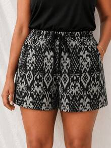 ELLERISSA Conjunto de top de tirantes y pantalones cortos estampados en talla grande - Negro - Ver 5