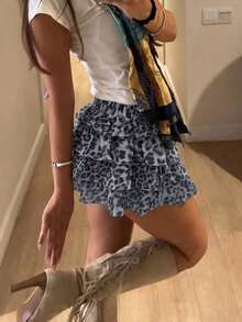 Rina Fox Falda con volantes y estampado de leopardo, primavera/verano - Gris - Ver 1