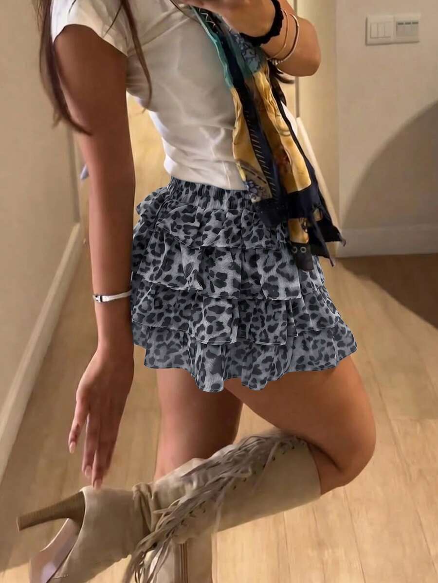 Rina Fox Falda con volantes y estampado de leopardo, primavera/verano - Gris - Ver 1
