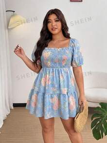 Vionelle Plus Size Women Floral Print Ruched Square Neck Party Dress - Baby Blue - View 5