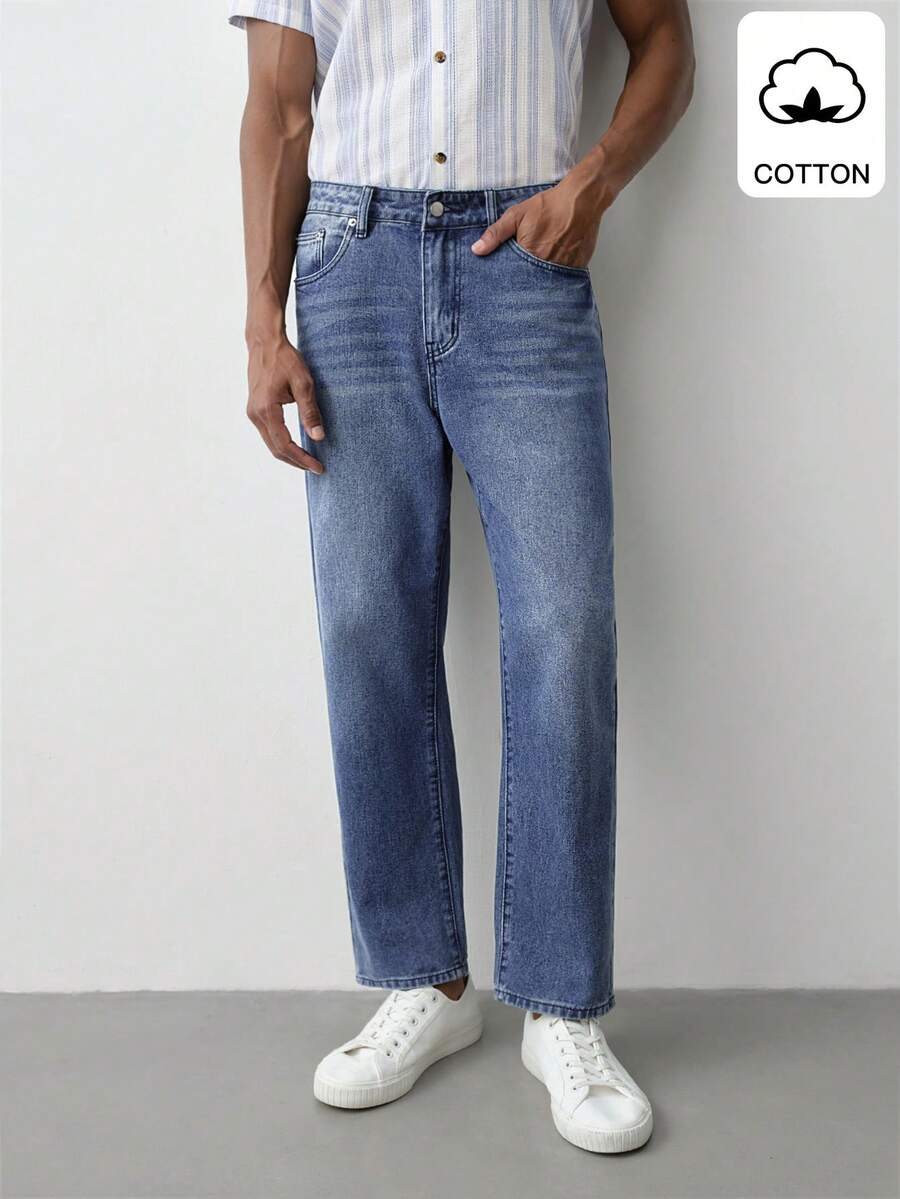 MENRIVO Jeans rectos de unicolor versátiles y casuales con bolsillos para hombres - Azul - Ver 1