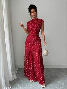 maxi elegante con estampado de lunares, cuello alto, sin mangas,, con recortes de malla, parches y pliegues en A-line, adecuado para de graduación, vacaciones, c - Rojo - Ver 3