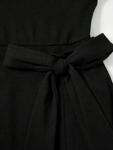 SHEIN 少女/青少年女孩黑色针织吊带背心和休闲连体裤，春夏返校季 - 黑色 - 查看 5