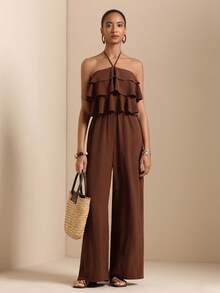 Vesra Bộ jumpsuit dài nữ cổ yếm nhiều lớp xếp nếp ở eo - Cà phê nâu - Xem 4