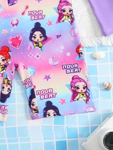 SHEIN 青少年女孩一件式彩色女團圖案印花泳衣，針織面料長袖拉鍊連身泳裝，時尚休閒優雅女款，適合游泳、夏季度假、海灘、泳池、假日派對 - 彩色 - 查看 4