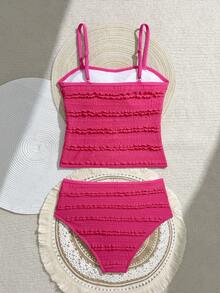 SHEIN Conjunto de bikini de 2 piezas con textura fucsia para niñas preadolescentes, adecuado para la playa, vacaciones de verano y fiestas en la piscina - Multicolor - Ver 2