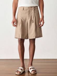 SWAVVY Quần short nam thường ngày đi làm kẻ sọc có túi - Màu Khaki - Xem 5