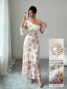 Modelyn 春夏优雅蕾丝印花不对称领口喇叭袖褶皱腰身连衣裙 - 彩色 - 查看 5