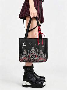 ROMWE Kawaii Bolso de hombro grande, duradero y portátil con patrón de murciélago de iglesia para mujeres 1645621 - Iglesia de línea - Ver 6