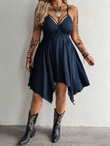 SHEIN Whyspr Plus Size Asymmetrical Hem Dark Style Dress - Navy Blue - View 3
