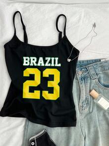 Attitoon Casual Minimalist Brazil Letter & Number 23 Print Sexy Camisole Tank Top, Suitable For Summer World Cup, Jersey, Sports Season, Football Uniform, Match - Black - View 4