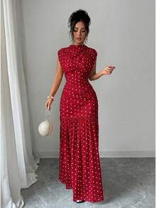 maxi elegante con estampado de lunares, cuello alto, sin mangas,, con recortes de malla, parches y pliegues en A-line, adecuado para de graduación, vacaciones, c - Rojo - Ver 5