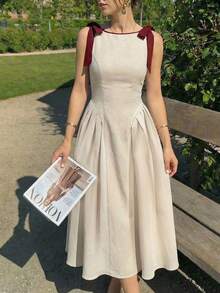 Teen Girls' Colorblock Ruffle Trim Sleeveless Minimalist Long Dress, Summer - Apricot - View 5