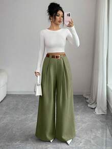 SHEIN Elenzya 秋冬亞麻感高腰寬腿褲，休閒素色，優雅風格適合日常穿著與工作，畢業季、復古音樂節、德比賽、日 - 橄欖綠 - 查看 8