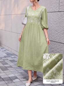 Mulvari Women's French Blue V-Neck Embroidered Petal Sleeve Loose Midi Dress - Green - View 5