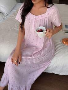 Napfluff Pink Striped Bow Print Ruffle Hem Loose Mid-Length Short Sleeve Women Nightgown - Multicolor - View 7