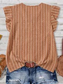 SHEIN LUNE Plus Size Brown Striped Textured Ruffle Hem Shirt,Boho Summer Vacation Holiday Minimalist Casual Versatile Beach Graduation Brunch Elegant Outfit - Multicolor - View 2