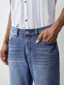 MENRIVO Jeans rectos de unicolor versátiles y casuales con bolsillos para hombres - Azul - Ver 3
