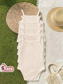 SHEIN 5件組嬰兒男女通用套裝，米白色，夏季，基礎款，工作休閒簡約針織舒適彈性純色細肩帶開襠連身衣 - 杏色 - 查看 2