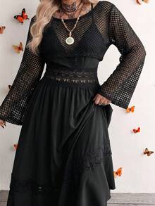 Whyspr Plus Size 2-Piece Set: Military Green Spaghetti Strap Dress & Apricot European Style Mesh Hollow Out Cover Up - Black - View 4