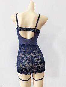 SHEIN 經典神祕時尚優雅成熟蕾絲拼接網紗女款性感睡裙 3件組（睡裙+丁字褲+2條腿環） - 藏蓝色 - 查看 7