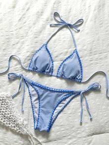 Swim Mod Women's Plaid Jacquard Halter Bikini Set, Spring/Summer - Multicolor - View 1