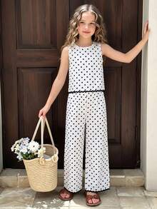 SHEIN 2Pcs Older Girls Charming Girls Black And White Polka Dot Print 2Pcs Co Ord Set Classic Retro - Black and White - View 6