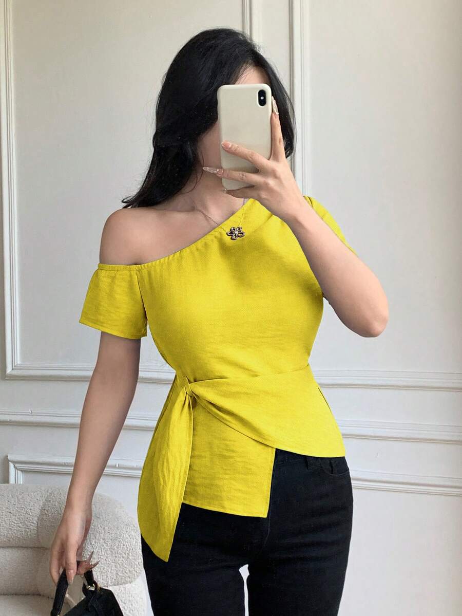 Celisse Elegant Tie-Knot Shoulder Collar Design Casual Slim Fit Blouse For Women - Yellow - View 1