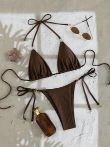 Swim Mod 2件/組 女款夏季性感純色掛脖比基尼上衣、海星裝飾比基尼泳褲與側綁泳褲，泳裝套裝 - 咖啡棕 - 查看 5