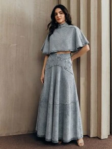 Anewsta 女士秋季时尚水洗粉色牛仔两件套：荷叶边牛仔裙 + 短袖牛仔披肩 - 藍色 - 查看 7