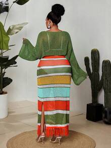Maweii Plus Size Women's Knitwear Olive Green Sweater Two Pieces Set,Multi-Color Stripes Contrast Short Top,Long Midi Skirt, Boho Summer Vacation Casual - Multicolor - View 2