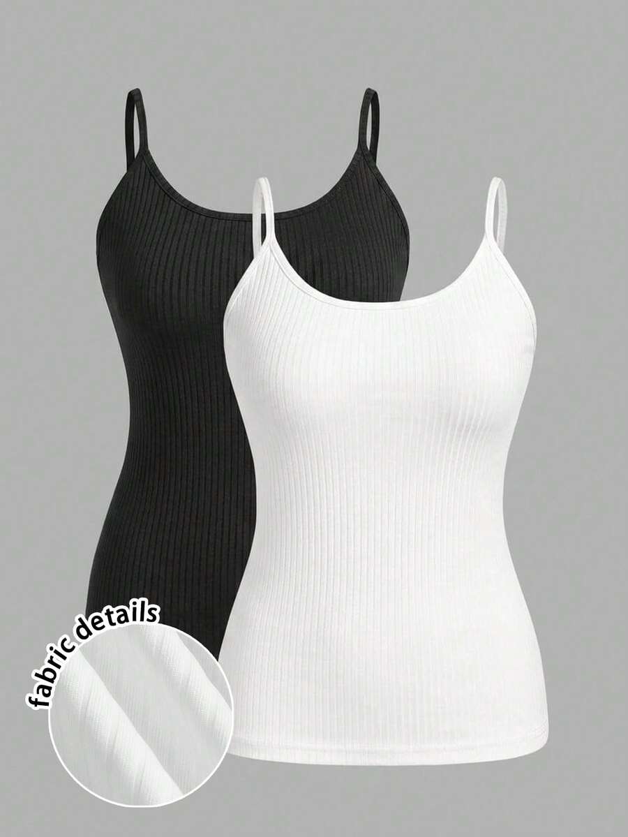 Comfortcana Plus Size Women's Black White 2 Pieces Casual Camisole Set, Suitable For Summer Holiday - Multicolor - View 1