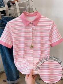 INAWLY Pink And White Striped Casual Shirt For Summer Back-To-School School - Pink - View 2