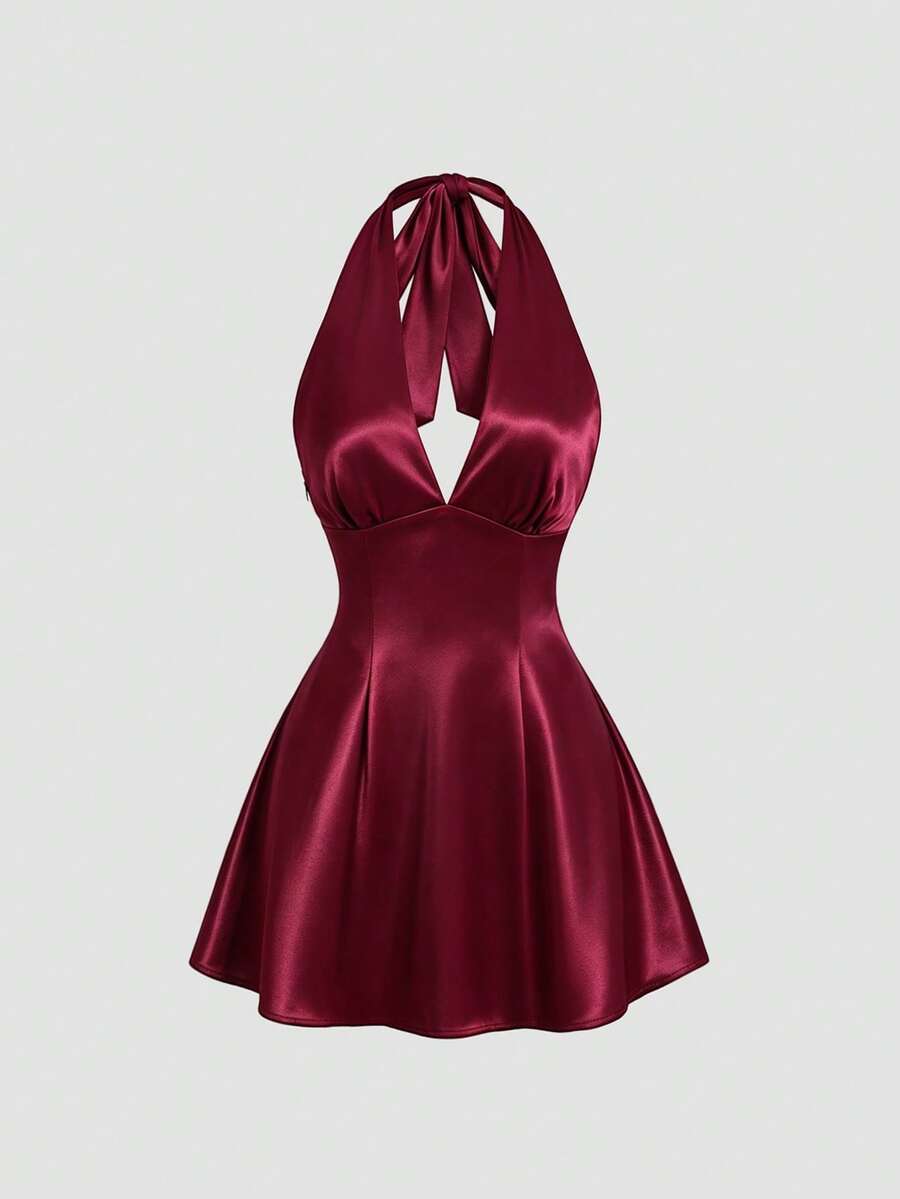 Sweetra Spring/Summer New Halter Backless Dress, Elegant And Sexy, Suitable For Party Wear - Burgundy - View 1