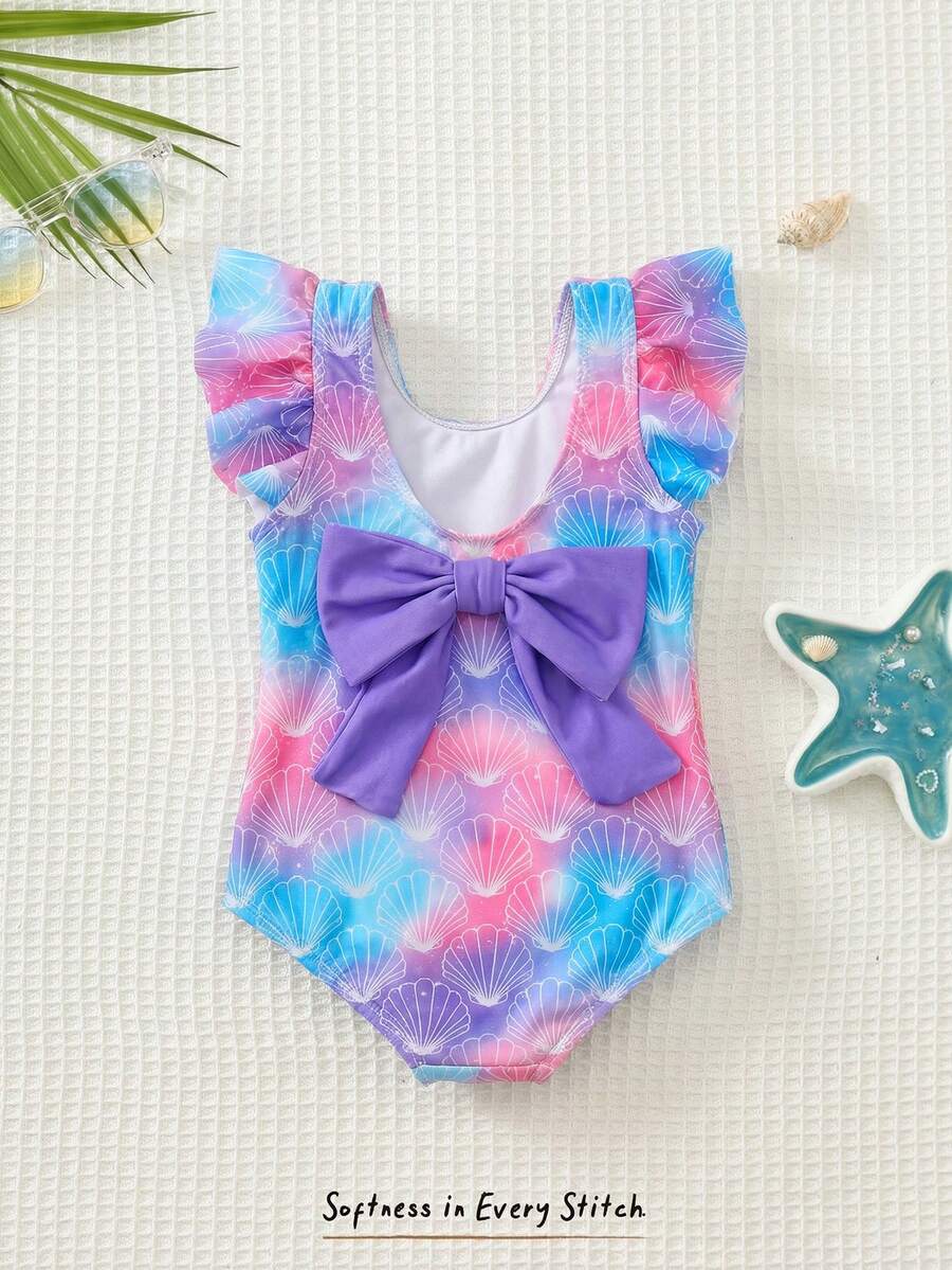 Cozy Pixies Toddler Girls' Colorblock Bow & Cartoon Bear Pattern Casual Cute Beach Swimwear - Multicolor - View 1