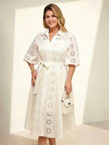 Momelise Plus Size Women's Elegant Solid Color V-Neck Hollow Embroidered Lantern Sleeve, Cardigan With Button Closure And Waist Belt Long Dress Fall - Apricot - View 5