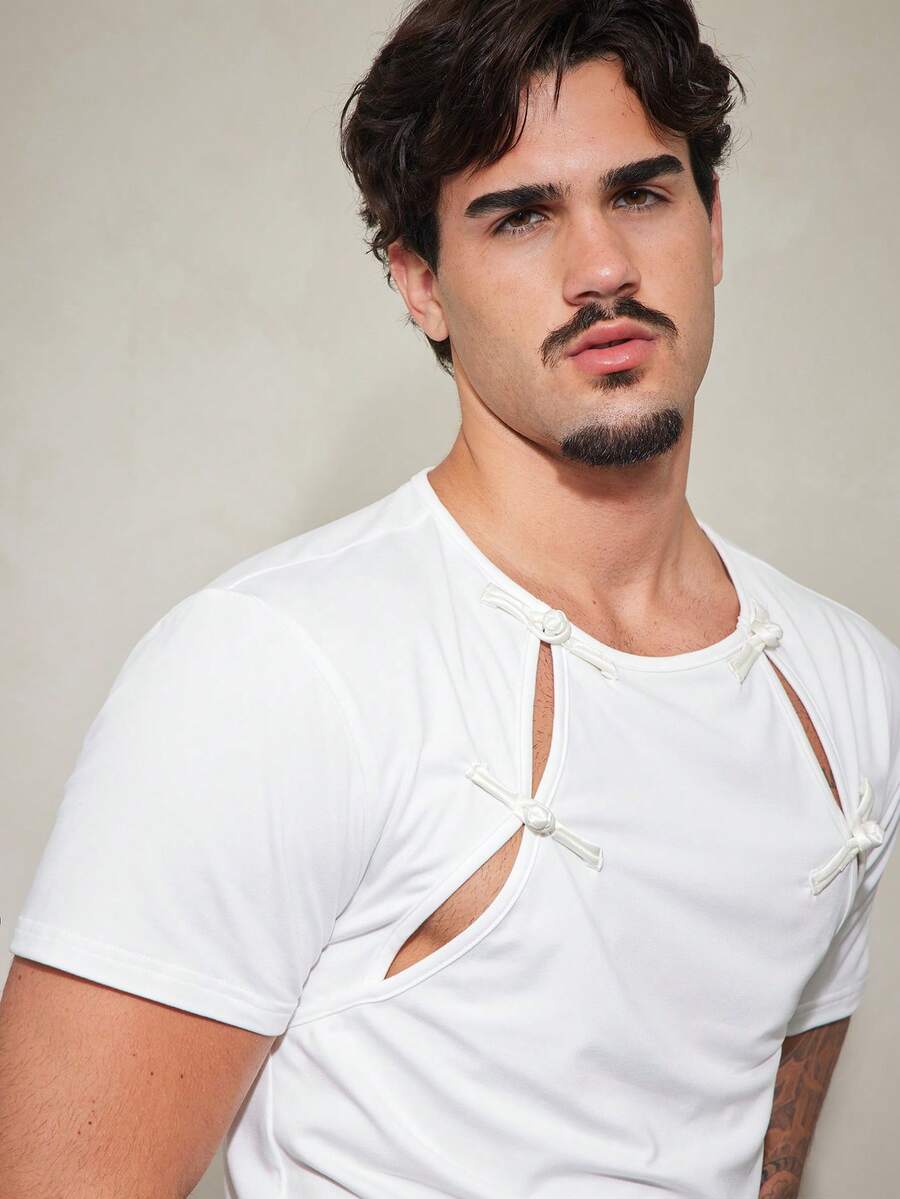 FeverCity Men's Fashion Personalized Frog Button Cutout Design Short Sleeve T-Shirt - White - View 1