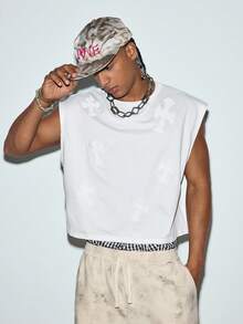 Modcrash DIYIE Men's Loose Fit Short Sleeve Embroidered Casual Tank Top, Street Style Oversized Short Tank Top - White - View 1