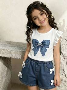 SHEIN 2pcs/Set Tween Girls Blue And White Stripe,Summer,Cute,Vacation,Holiday Embroidered Floral Denim Fringe Shorts Set,Textured Fabric Sweet Casual Outfit - Black - View 4