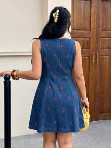 GalTyme Plus Size Women Cherry Pattern Round Neck Casual Sleeveless Dress - Blue - View 2