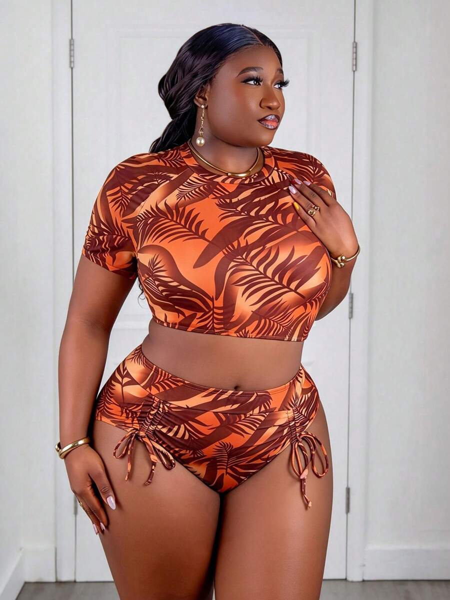 CurvyTilda New Floral Print Criss-Cross Back Plus Size Swimsuit Set, Plus Size Backless Tankini Vacation, For Hourglass Body Shape Beach Summer - Orange - View 1