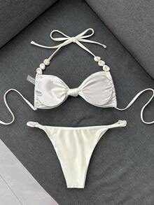 Elavelle Solid Color Halter Twist Front Bikini Set, Spa Resort Swimwear For Women - White - View 2