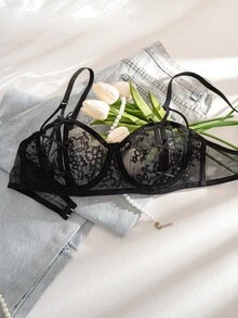 SHEIN 2 piezas Conjunto de sujetador con aros y parches de encaje cómodo para mujer - Negro - Ver 4