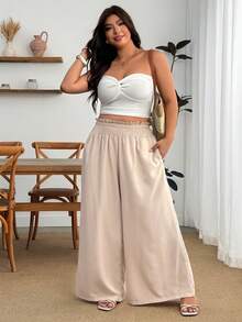 Enliva Pantalones de lino de pierna ancha de cintura alta y holgados, talla grande, para Body con forma de manzana y redondeado - Caqui - Ver 5