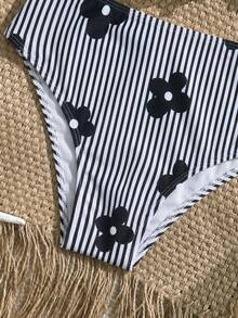 SHEIN Tween Girl Striped Floral Print Halter Tankini And Triangle Tankini Swimwear Set, Suitable For Summer Vacation And Beach - Black and White - View 6