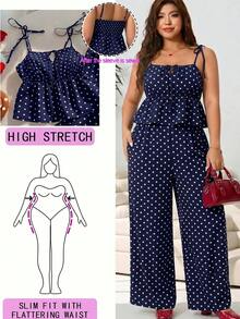 Solflare Navy Blue Plus Size Polka Dot Print Camisole And Casual Pants 2 Pieces Set - Navy Blue - View 1