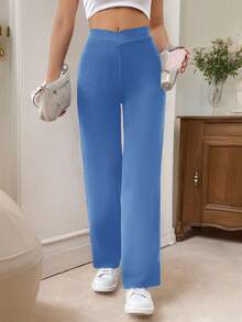 SHEIN Frenchy Women's Casual Elegant Overlapping Waist Straight Leg Pants Lounge Cornflower Blue Autumn - Blue - View 5