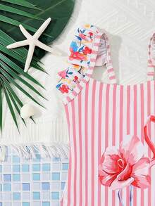 SHEIN Young Girl Flamingo & Striped Print Ruffle Trim One-Piece Swimwear, Casual Beach Vacation - Multicolor - View 5
