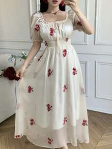 Celisse Women's Floral Trim Square Neck Puff Sleeve Tie Waist Bow Elegant Cottagecore Dress Tea Party White Summer - Apricot - View 3